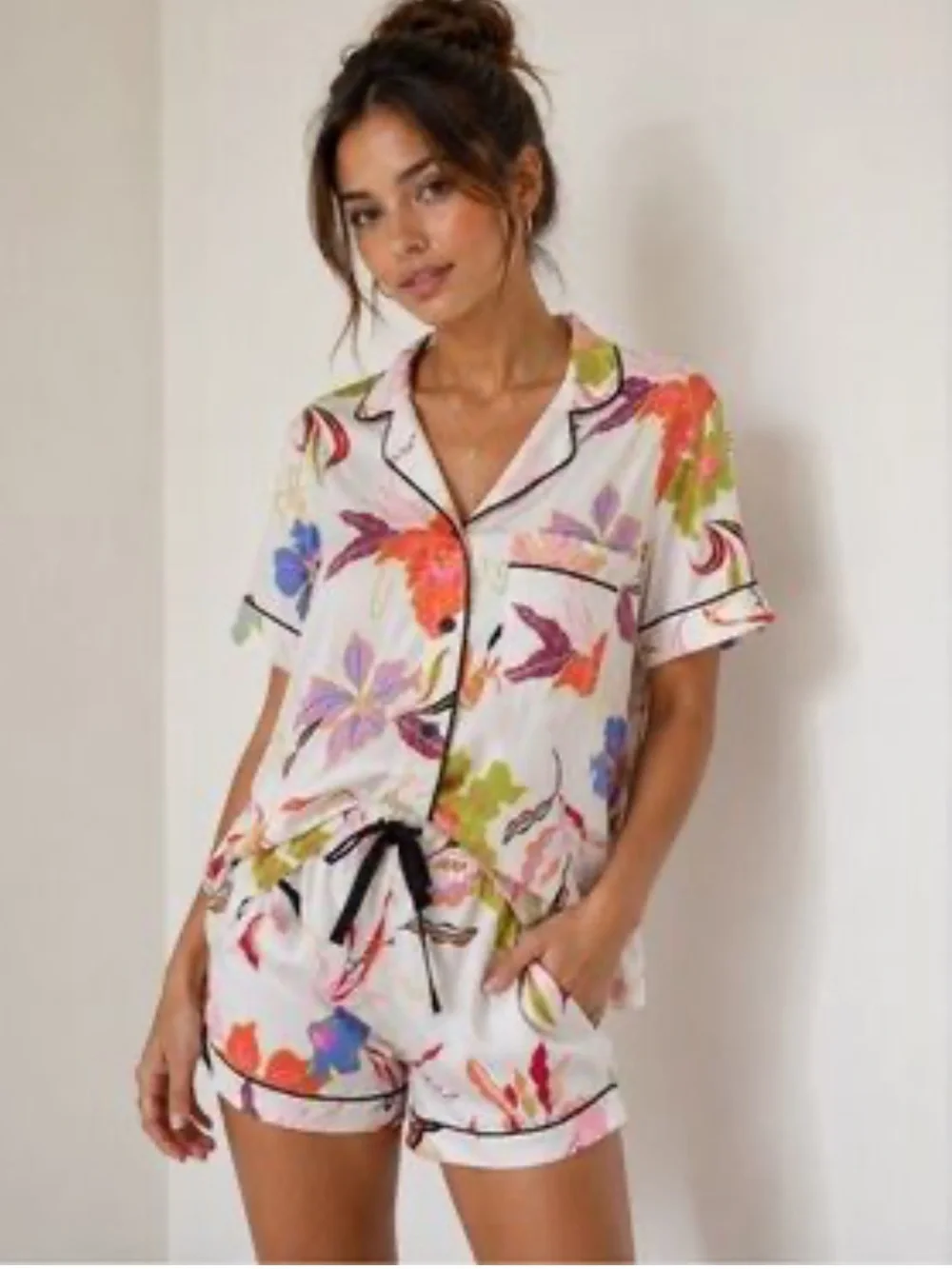 Stars Above Floral Short Pajama Set - White Multi Size XS
